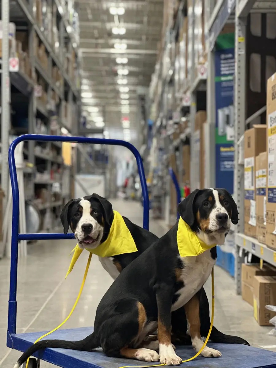 Two Greater Swiss Mountain Dogs calmly riding a cart inside a store. Proof of where Board & Train can take a dog.